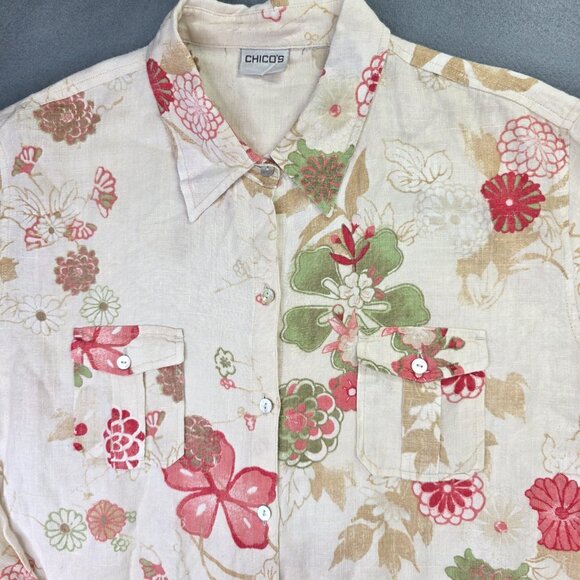Chicos Shirt Womens 4 US 1XL Beige Floral Linen Button Front Long Sleeve Casual - Picture 2 of 9
